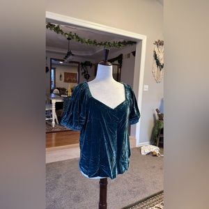 LOFT Deep Teal Faux Velvet Puff Sleeve Renaissance Faire Blouse